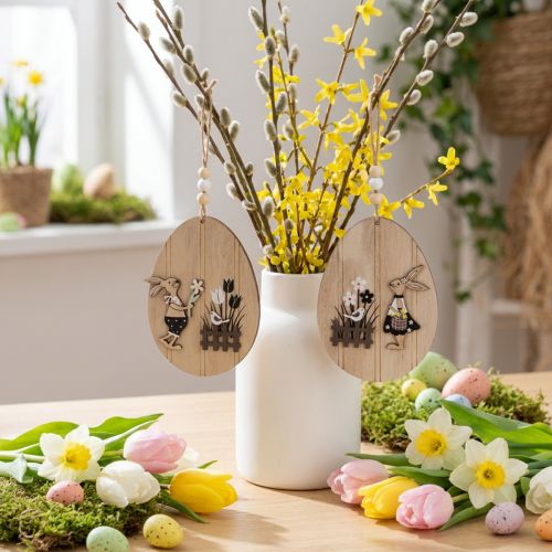 Itens Ovos de Páscoa para pendurar, ovo de madeira com coelho, branco natural, 13 cm, 6 peças