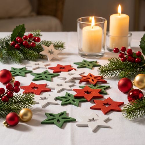 Itens Decoração dispersa estrelas de madeira de Natal vermelho/branco/verde Ø3,5cm 72 un