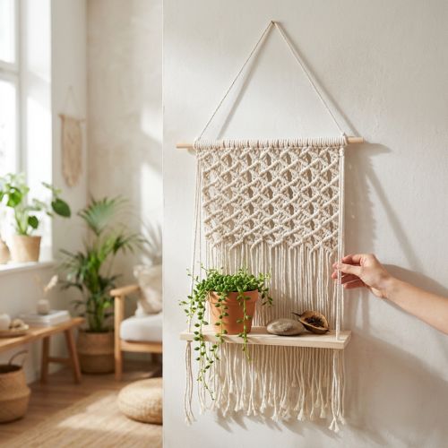 Suporte de plantas em macramê, estilo boho, prateleira suspensa, suporte para plantas, decoração de janela, placa de madeira, 40x15cm | Floristik24.pt