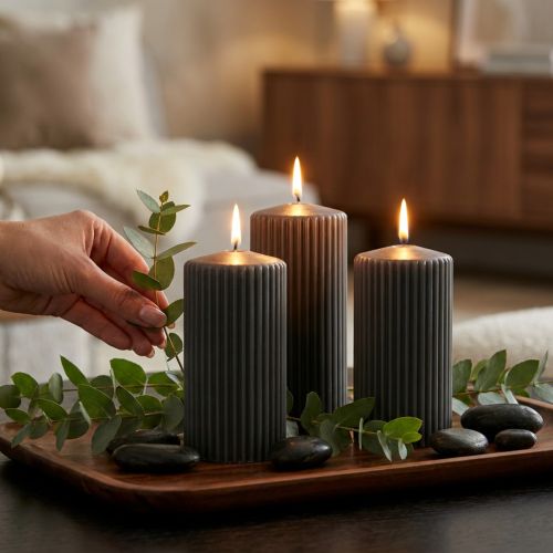 Velas de pilar antracite, ranhuradas, mistura de cera de alta qualidade, 70/130 mm, conjunto de 4, longa duração, uso versátil. | Floristik24.pt