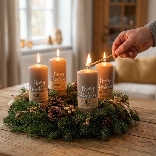 Velas do Advento "Feliz Natal" - velas de pilar de cera natural marrom, conjunto de 4, Ø60mm, altura 130mm, marca de qualidade RAL, velas decorativas de Natal. | Floristik24.pt