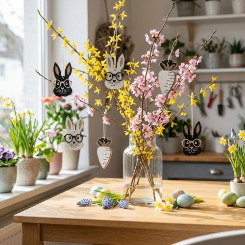 Pingente de madeira coelho com óculos cenoura purpurina 4×7,5cm 9uds | Floristik24.pt