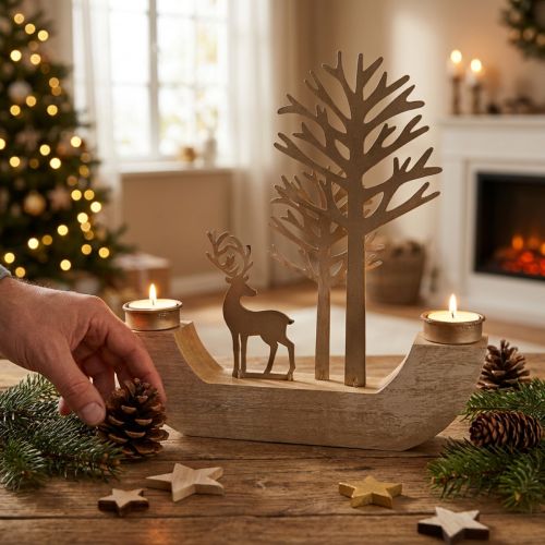 Porta-velas madeira metal veado decoração floresta 23,5cm | Floristik24.pt