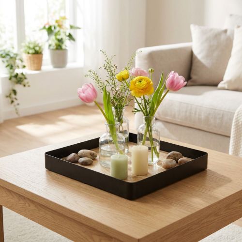 Bandeja decorativa metal madeira quadrada natural preto 25,5×25,5×4cm | Floristik24.pt
