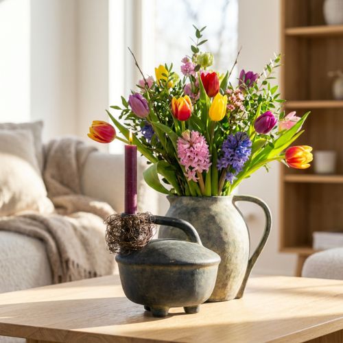 Jarro decorativo em cerâmica estilo antigo bege antracite 18 cm | Floristik24.pt