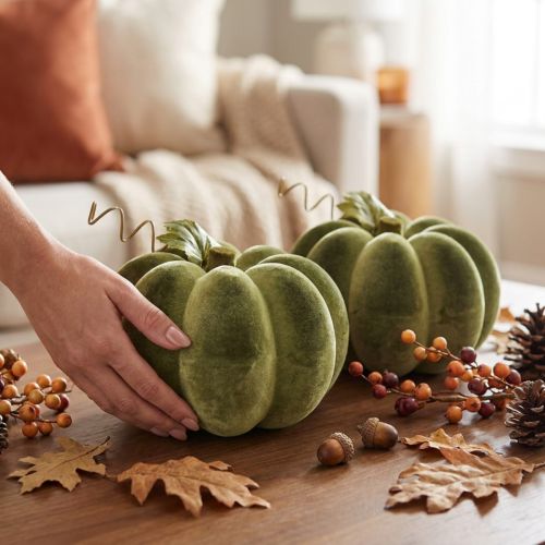 Decoração de abóbora floculada, 20 cm, abóbora verde, aparência aveludada, 2 peças | Floristik24.pt