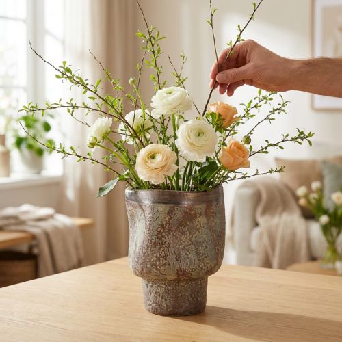 Vaso decorativo floreira de cerâmica metálico marrom cinza azul 16,5×20,5cm | Floristik24.pt