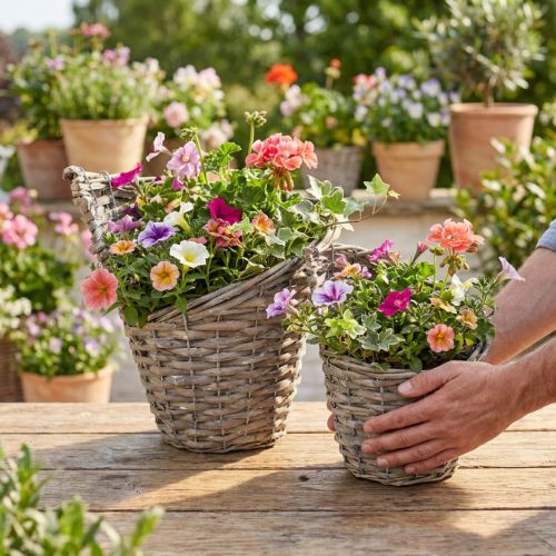 Conjunto de 2 vasos de flores em vime natural, Ø12,5cm/20cm, estilo vintage rústico. Decoração vintage. | Floristik24.pt