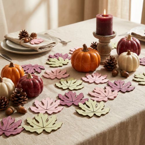 Arranjo decorativo de madeira com folhas de outono para mesa, nas cores roxo, rosa e verde, 4 cm, 72 peças. | Floristik24.pt