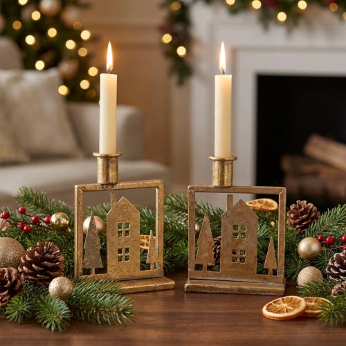 Castiçal em bastão, casa de Natal, aparência dourada antiga 10 × 6 × 14 cm 2 unidades | Floristik24.pt