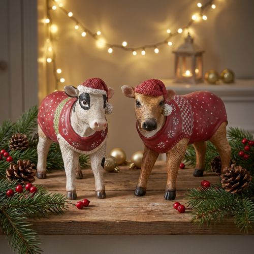 Decoração de vaca de Natal vaca com chapéu branco marrom C15,5cm 2 peças | Floristik24.pt