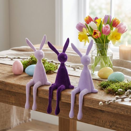Conjunto de 3 coelhinhos de Páscoa para decoração de prateleira, 36 cm, cor lilás aveludado. | Floristik24.pt