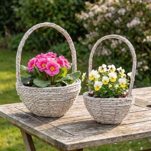 Conjunto de 2 cestos para plantas, palha, natural, branco, Ø23/28, estilo shabby chic | Floristik24.pt