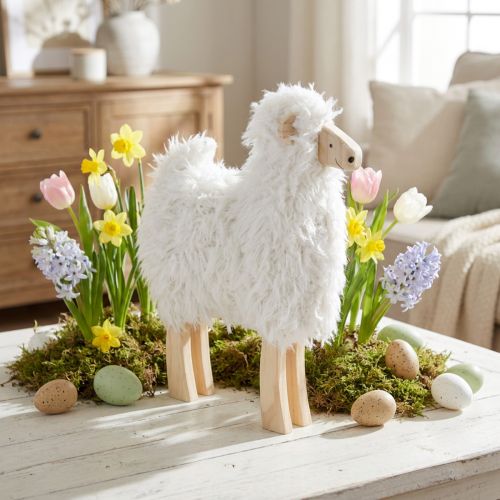 Decoração de Páscoa de ovelha de madeira Ovelha Branca Natural 30x4,5x36,5cm | Floristik24.pt
