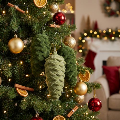 Conjunto de 6 pinhas decorativas verdes para pendurar, enfeite de Natal. | Floristik24.pt