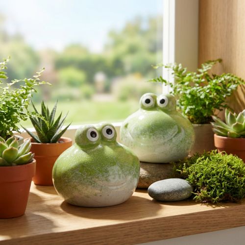 Itens Conjunto de 2 peças com 10 cm de comprimento, composto por uma estatueta decorativa de sapo em cerâmica para sala de estar e mesa de trabalho.