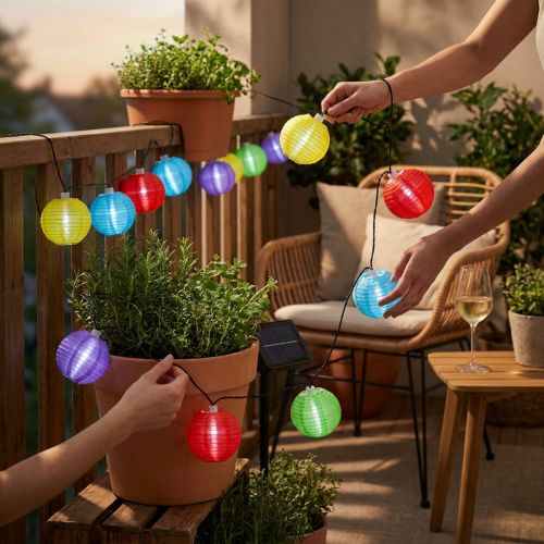 Cadeia de lanterna solar LED colorida 4,5m 10 lâmpadas branco frio | Floristik24.pt