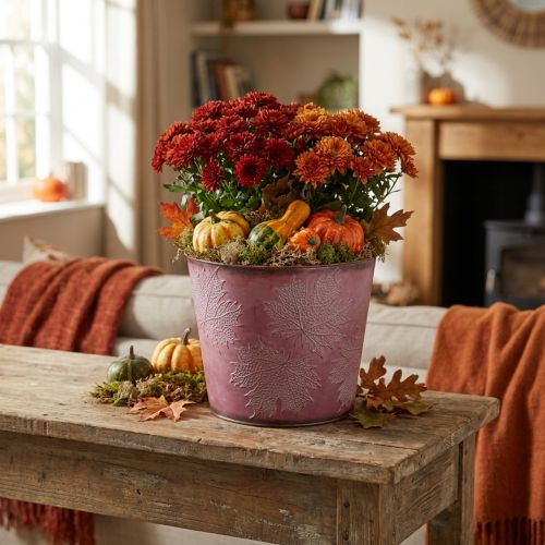 Pote de outono, balde de plantas, decoração em metal com folhas vinho tinto Ø25,5cm A22cm | Floristik24.pt