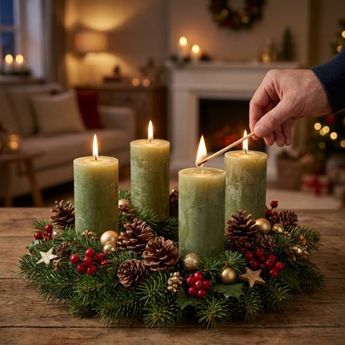 Conjunto de 4 velas cilíndricas verde-oliva de 50×100mm, decorativas e de cor sólida. | Floristik24.pt