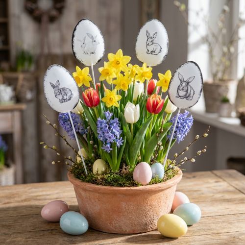 Itens Ovos decorativos de metal com plug flor com coelhinhos da Páscoa 5×7cm 8 un