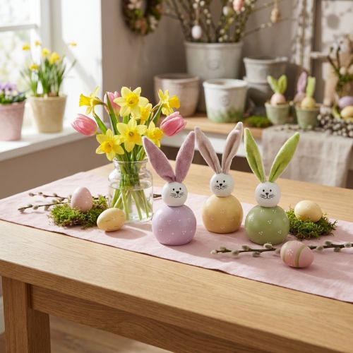 Coelhinhos da Páscoa rosa verde amarelo decoração de coelhinhos de madeira 8 × 22 cm 3 unidades | Floristik24.pt