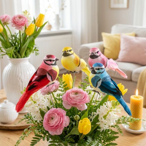 Itens Penas decorativas de pássaros em arame 6 sortidas 8x3,5cm 12 un