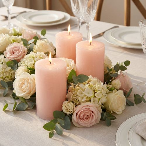 Conjunto de 4 velas decorativas rosa, 70x120mm. Velas decorativas rosa claro para um ambiente romântico e aconchegante, ideal para decoração de casamento. | Floristik24.pt