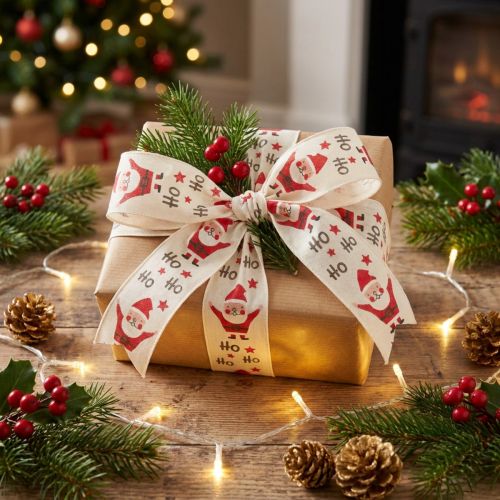 Fita de Natal com Papai Noel fita de algodão creme 40mm 15m | Floristik24.pt