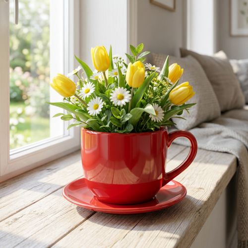 Itens Xícara decorativa grande com pires, ideal para usar como vaso de plantas, 17 cm