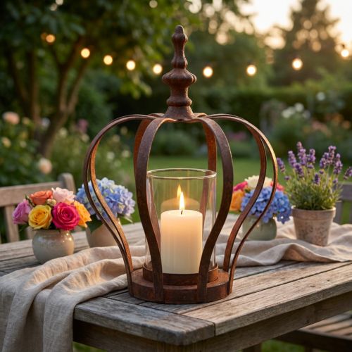Lanterna Coroa Castanho Ferrugem Com Vela Vidro Ø14cm Alt.18cm | Floristik24.pt