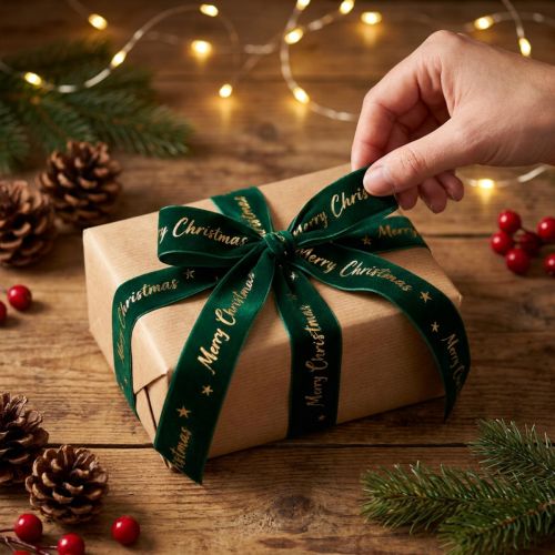 Fita para presente, fita de Natal, fita de veludo Verde Feliz Natal 25mm 20m | Floristik24.pt