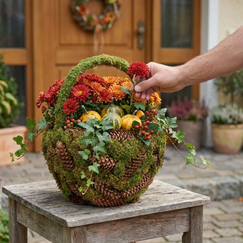 Cesto rústico para plantas com musgo e pinhas - cesto decorativo com alça Ø32cm A42cm - versátil para decoração de jardim e casa. | Floristik24.pt