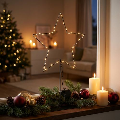 Estrela LED com compartimento para pilhas e suporte para peitoril de janela e mesa, 46 cm | Floristik24.pt