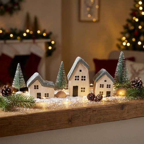 Vila de Natal casas de madeira abetos verde e branco 5-8 cm conjunto de 6 | Floristik24.pt
