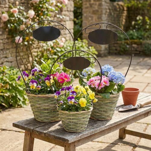 Cesto de flores com alça e placa de metal, Ø23/20/17cm, conjunto de 3. | Floristik24.pt