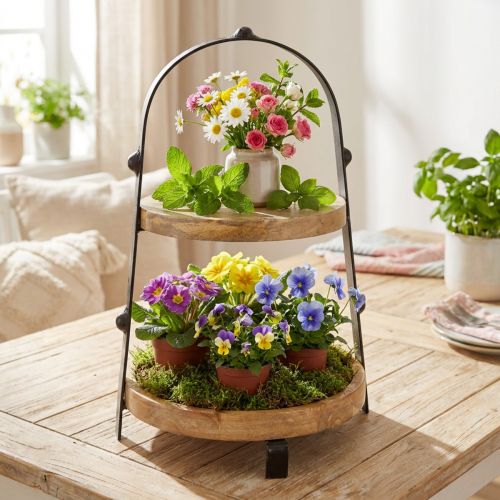 Suporte de servir de dois andares em madeira e metal, preto natural, 2 andares, Ø25,5cm, A38cm | Floristik24.pt