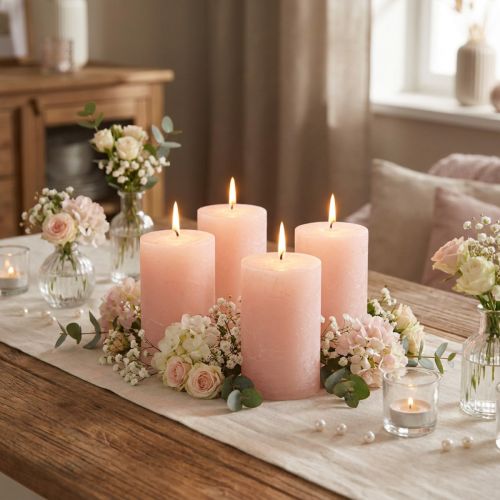 Conjunto de 4 velas decorativas em tom rosa sólido, 70×80mm - Velas para criar um ambiente acolhedor. | Floristik24.pt