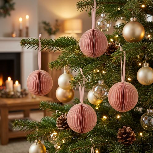 Bolas de Natal em formato de favo de mel, rosa-damasco, 7 cm, 4 peças, decoração | Floristik24.pt