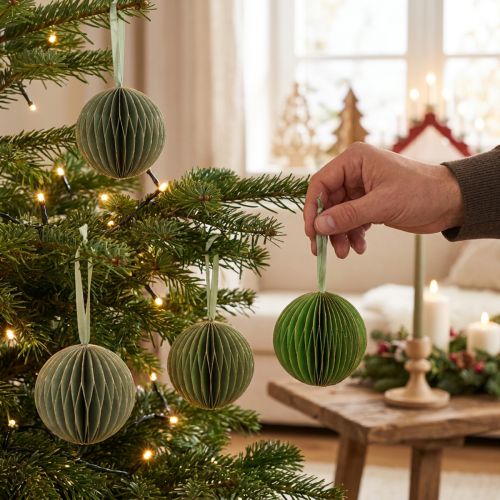 Enfeites de Natal, bolas de papel em formato de favo de mel, verdes e douradas, 7 cm, 4 peças, decoração | Floristik24.pt