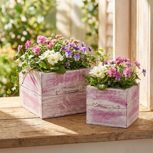 Gaveta para plantas com puxador madeira branca rosa 12/15cm conjunto de 2 | Floristik24.pt
