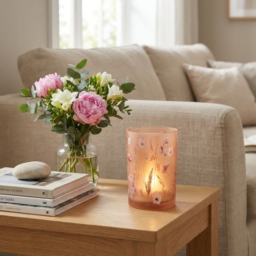 Itens Porta-velas de vidro com motivo floral para momentos aconchegantes em casa, 18 cm