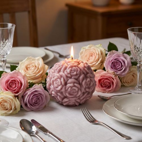 Vela esférica com motivo de rosa como decoração romântica de mesa. | Floristik24.pt