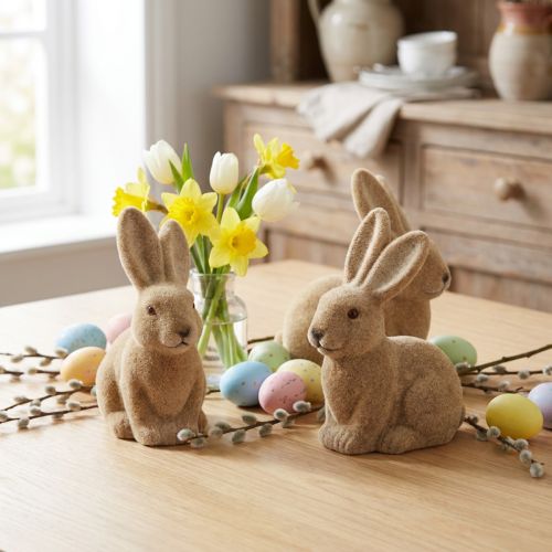 Coelhos de Páscoa Decorativos Sentados Marrom – 2ª Escolha – Flocados H15cm 4 pcs | Floristik24.pt