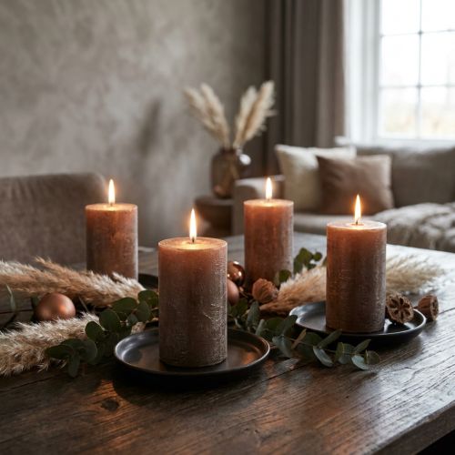 Conjunto de 4 velas cilíndricas modernas em tom marrom acobreado metálico, Ø70x100mm - Velas elegantes e de cor sólida para uma decoração sofisticada. | Floristik24.pt
