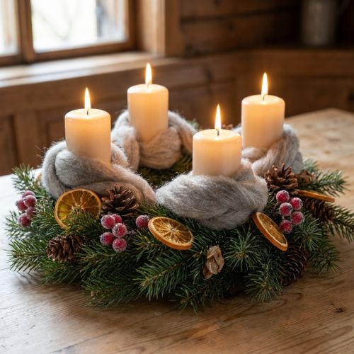 Itens Cordão de lã decorativo cinza-natural de 2m, lã feltrada para artesanato e floricultura.