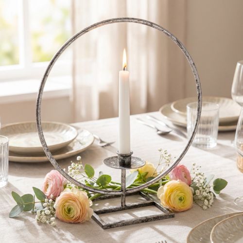 Anel decorativo castiçal de metal prateado shabby chic Ø32cm | Floristik24.pt