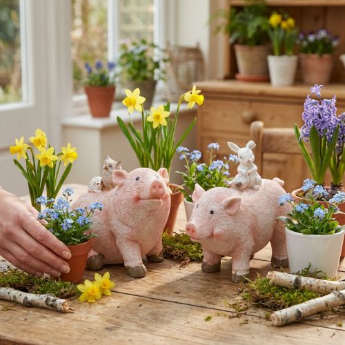 Conjunto de figuras decorativas: porquinhos com seus amigos animais, 9,3 cm x 7,5/8,5 cm, 2 peças | Floristik24.pt