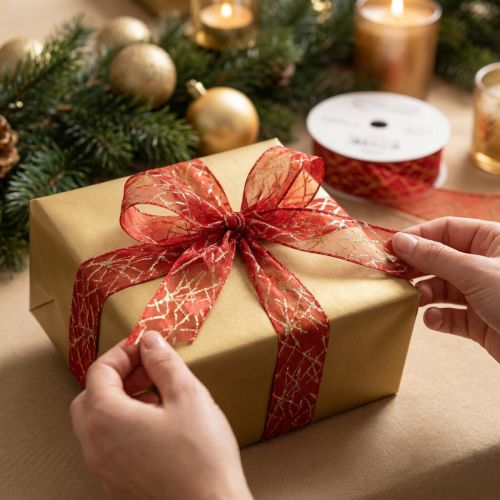 Fita de Natal com estrelas rede vermelha e dourada 25mm 18m | Floristik24.pt
