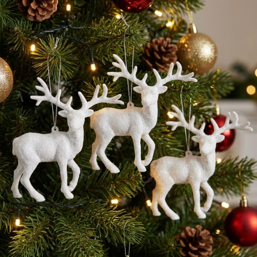Itens Enfeite de Natal com veado branco, 13,5 cm de altura, conjunto com 3 peças.