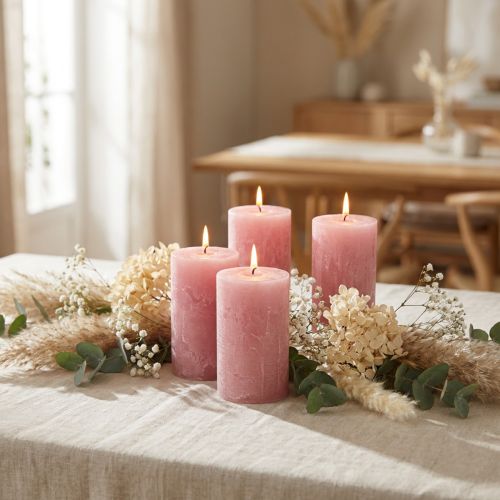 Conjunto de 4 velas rústicas em formato de pilar, rosa antigo, velas de alta qualidade, tingidas por completo, 80x110mm, para decoração elegante e longa duração. | Floristik24.pt